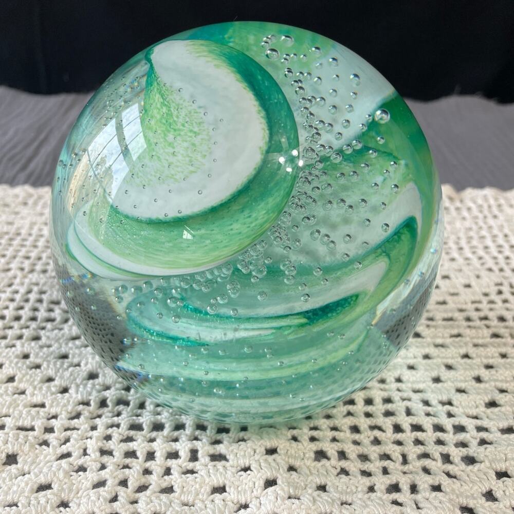 Vtg. Ornamental Blown Glass Works Light Emerald Green Handblown Paperweight